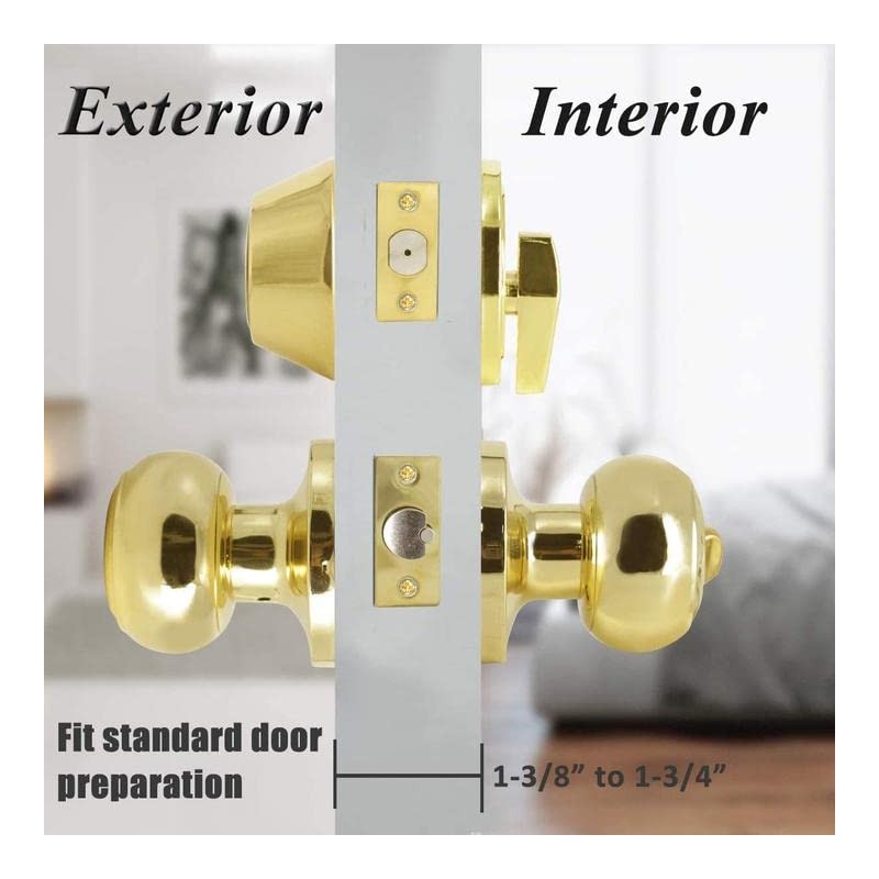 Probrico Polished Brass Keyed Entry Door Knob and Single Cylinder