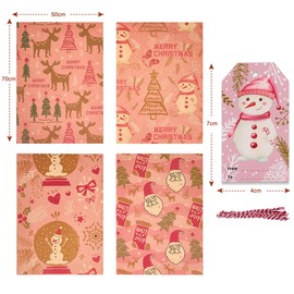 8 Bögen 50 x 70 cm Weihnachtsgeschenkpapier, mit Anhängern und Seilen, recycelbares rosa Geschenkpapier, perfekt für Weihnachts-, Festival- und Party-Geschenkdekorationen