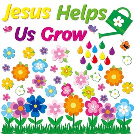 Spring Bulletin Board Decoration Set Jesus Borders Cutouts Religious Bulletin Board Sets for VBS 2025 Sunday School Bible Classroom Door Christian Welcome Craft Home Wall (Jesus Helps Us Grow)