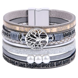 Aucuu Inspirational Tree of Life Leather Bracelets for Women, Leather Wrap Bracelets for Teen Girls, Valentine's Day Mother's Day Birthday Jewelry Gifts for Women （Light Grey）