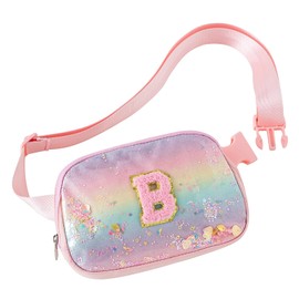 Glratn Fanny Pack for Girls,Birthday Easter Gifts,Chenille Initial Letter Girls Crossbody Bag,Preppy Teen Belt Bag for Graduation Travel Gifts,Cute Sequin Trendy Stuff.Pink-B