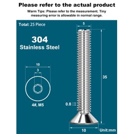 Drenky Pack of 25 M5 x 35 mm Countersunk Screws Stainless Steel V2A VA A2 Allen Screw DIN 7991 / ISO 10642 Countersunk Screws Rustproof Silver Machine Screws Metric Standard Thread