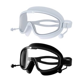 Swim Goggles, Clear Anti-Fog Diving Mask, UV Protection Swimming Goggles With Earplugs for Adult Men Women 2pcs (Black&white)