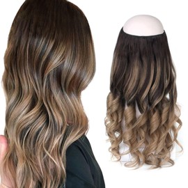 Sassina Invisible Wire Hair Extensions Real Human Hair with Transparent Wire Adjustable Size Secure Clips Natural Straight Secret Miracle Hairpiece, Balayage 2-6 16 Inch 80 Gram