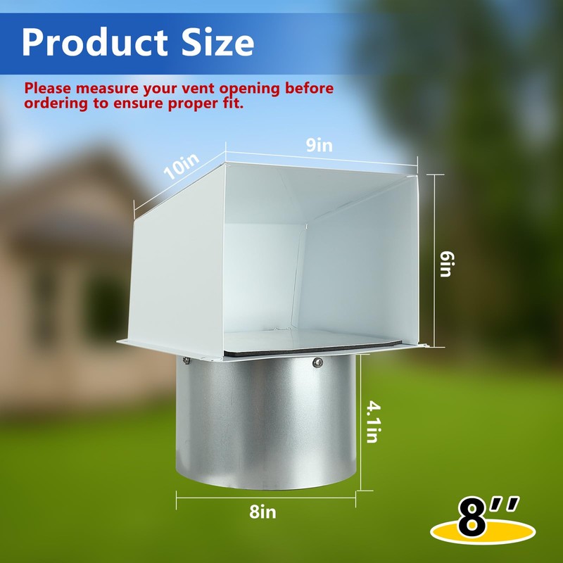 8 Inch Hooded Wall Vent with Screen and Damper, Metal