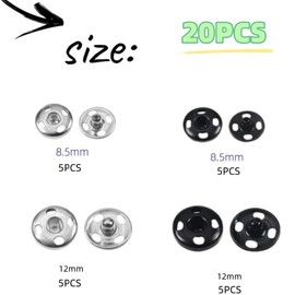 HIDOSNG Sew on Snap Buttons, 20 Sets Clothes Hidden Sew on Press Studs Button Metal Snaps Fastener for Sewing Clothing Craft Handbag 12mm 8.5mm