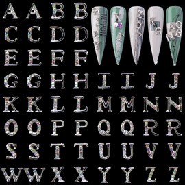 Letters Nail Charms for Acrylic Nails，52PCS Sliver Letters Nail Rhinestones Decoration,Nail Jewels Y2K Cute Accessories for Nail Art Supplies Manicure Craft DIY BBATT-HAPPY