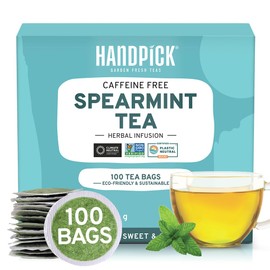 HANDPICK, Spearmint Tea Bags (100 Herbal Tea Bags) Premium Spearmint Leaves, Caffeine Free | Non-GMO, Gluten Free | Round Eco-Conscious Tea Bags | Light & Fresh