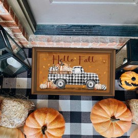 Hello Fall Door Mat Outdoor, Fall Decorations for Home Non-Slip Thanksgiving Doormat Low Profile Autumn Fall Pumpkin Welcome Rug for Home Indoor Outdoor Decor 17 x 30 Inch