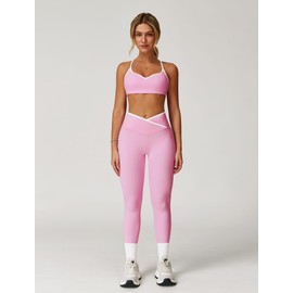 ABOCIW Workout Sets for Women 2 Piece Color Block Strappy Sports Bra Crossover High Waist Leggings Gym Sets Woman Yoga Pilates Outfits Athletic Work Out Clothes Pink Small