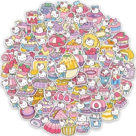 Cartoon Cat Stickers for Children - 100 Charming Designs with White Cat, Pink Flowers & Sweet Treats - Scrapbook Sticker Set Perfect for Girls, 5-7.5 cm