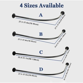 Adjustable Corner Shower Curtain Rod, Stretchable Stainless Steel L Shaped Shower Curtain Rail, Curved Bowed Shower Curtain Pole, Drill Or No Drill, For Bathroom(Size:B 70-95cm X 90-130cm,Color:Black)