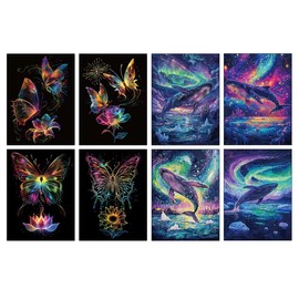 Scratch Art, Set of 8, 8 x 11.4 inches (21 x 29 cm), A4 Size, Luminous Scratch Art, Beautiful Art, Funny Coloring, Easy to Sharp, Scratch Art, Whales, Butterflies, Fireworks, Hot Air Balloons, Night
