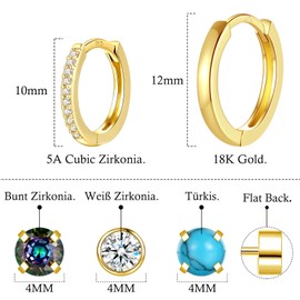 RoseJeopal 5 Pair 18K Gold Earrings Set for Women, Small Turquoise Round Stud Earrings, Golden Hoop Earrings with AAA+ Cubic Zirconia, Hypoallergenic Gold Ear Piercing Girls for Multiple Ear Holes,