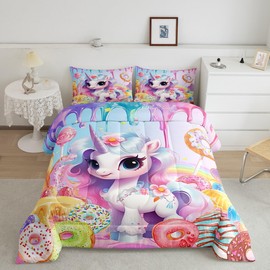 Cute Unicorn Kids Comforter Set Queen Size,Reversible Rainbow Cartoon 3D Horse Animal Pink Floral Bedding Set for Women Adult,Donut Ice Cream Candy Dessert Watercolor Bed Duvet Insert, 2 Pillowcases