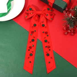 Christmas Hair Bows for Women Christmas Bow Tree Hair Bow Clips Jeweled Big Red Green Hair Bows Long Tail Satin Holiday Hair Ribbons Christmas Accessories Costume Outfits Gifts