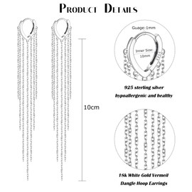 KRFY Earrings Hanging Silver 925 for Women Hoop Earrings Silver Long Gold Tassel Earrings 925 Silver Chandelier Earrings Hanging Threading Long Gold Silver Tassel Chain Hanging Hoop Earrings, Sterling
