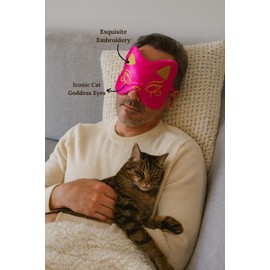 Cute Silk Sleep Mask Cat Eye mask for Sleeping Embroidered Adjustable Oversized Eye Cover Egyptian Bastet Blindfold with Gift Box（Divine Fuchsia-Elastic Strap）