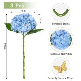 HKKDKTA Blue Hydrangea Artificial Flowers for Outdoors, 3PCS Faux Hydrangea Flowers Real Touch Hydrangea Fake Flowers Bouquet for Table Centerpieces Wedding Indoor Home