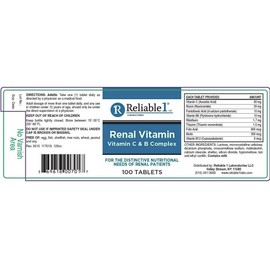 RELIABLE 1  Renal Vitamin C & B Complex for Men and Women 100 Tablets