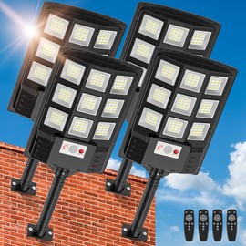 Solar Lights Outdoor,IP66 Waterproof Solar Street Lights Outdoor,6500K LED Dusk to Dawn Security Flood light with Motion Sensor and Remote Control for Yard,Parking Lot, Courtyards,Garages 4-Pack