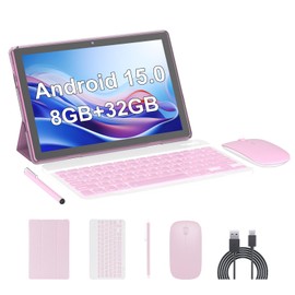 Android 15 Tablet,10 inch Tablets, 8GB RAM+32GB ROM/2TB Expandable, 2 in 1 Tablets with Keyboard Case, 1280x800 IPS Display Screen, 5G Wi-Fi6, Dual Camera, 6000mAh Battery BT5 Widevine L1 (Pink)