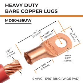 SELTERM 25pcs 4 AWG 5/16" Stud (Wide Pad) Battery Lugs, Ring Terminals, Heavy Duty Copper Wire Lugs, Battery Cable Ends, 4 Guage Ring Terminal Connectors, UL Bare Copper Eyelets Battery Cable Lugs