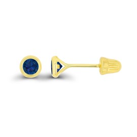 Solid 14K Yellow Gold 3mm Round Created Blue Sapphire September Birthstone Bezel Screw Back Stud Earrings