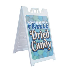Freeze Dried Candy 24" x 36" Double Sided A-Frame Sidewalk Sign, Includes 2 Installed Vinyl Decals | Foldable Portable White Signicade Sandwich Board Signs