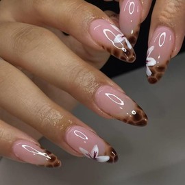French Tip Press on Nails Medium Almond Fake Nails with Leopard Flower Designs Glossy Glue on Nails Fall Acrylic Nails Light Pink Artificial Stick on Nails for Women 24Pcs