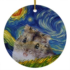 Whimsical Night Sky Winter White Dwarf Hamster Christmas Ornament Circle Ceramic - Impressionist Pet Portrait Memorial Keepsake Gifts for Hamster Lovers