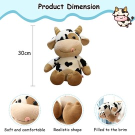 Zhlearda Cow Plush Toy, 30 cm Cows Kawaii Cuddly Toy, Animal Cow Cuddly Toy, Plush Toy, Cute Cartoon Plushies, Soft, Fluffy Cow Doll Toy for Adults and Children Gifts