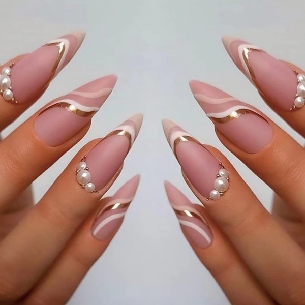 Almond Artificial Nails 24 Pieces Matte Pink Press on Nails, French Tip Nails with White Pearls & Gold Line Design Full Cover Cute Nails Women and Teenager Girls