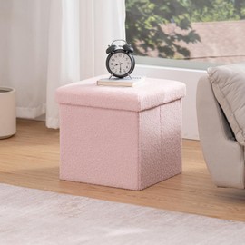 LUSIMO Folding Storage Ottoman Bench, 15 Inch Boucle Small Ottoman Foot Rest for Couch, End of Bed Bench with 397 lb Capacity, Storage Chest for Living Room, Bedroom, Entryway Pink