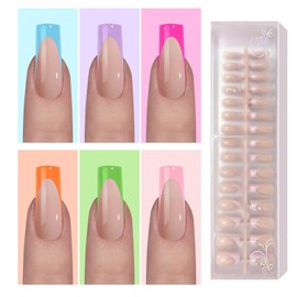 Jsiallye French Tip Press on Nails Long Squre-6 packs French Soft Tip Nails Gel Pre-shaped No File Need File 3 in 1 Tips,Soak Off Acrylic Fake Nails Extensions for Women Nail Art DIY 15 Sizes