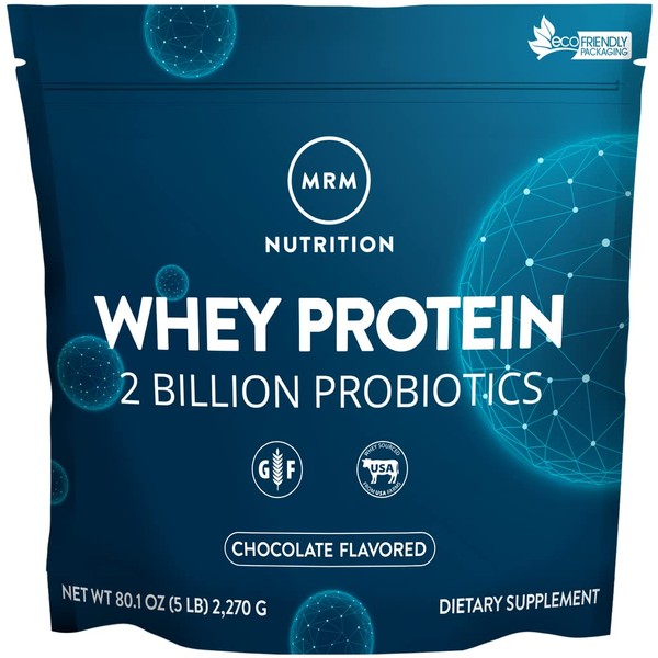 MRM Nutrition Whey Protein | Chocolate Flavored | 18g protein | With 2 billion probiotics + digestive enzymes + BCAAs | High absorption + digestion | Hormone + antibiotic free | 87 servings