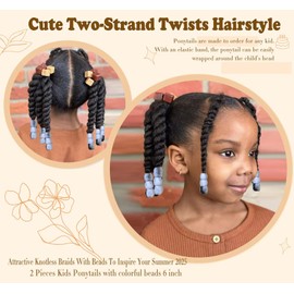 YOROSTAR 2 Pieces Kids Ponytail With Beads 6inch Two-Strand Twists Braided Ponytails for Kids Braids with Beads Protective Braided Hairstyles for Black Girls(Purple Beads)