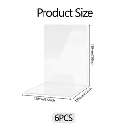 Book Ends - 6Pcs Clear Acrylic Bookends, Bookshelf Desktop Book Organizer Stationery Book Ends for Shelves, Plastic Book Holders Bookracks Divider Stopper Decorative for School, Library, Office, Home