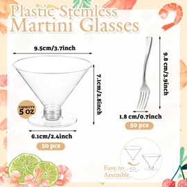 100 Pack Plastic Martini Glasses Disposable with Mini Silver Forks, 5oz Shrimp Cocktail Cups Clear Cocktail Glasses Disposable Martini Cups for Wedding Wine, Desserts and Appetizers(50 Cups+50 Forks)
