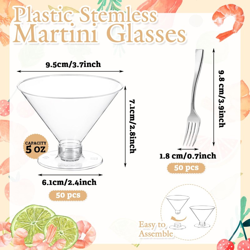 100 Pack Plastic Martini Glasses Disposable with Mini Silver Forks,