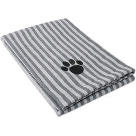 DII Bone Dry Microfiber Pet Bath Towel with Embroidered Paw Print, 44x27.5", Ultra-Absorbent & Machine Washable for Small, Medium, Large Dogs and Cats-Gray Stripe