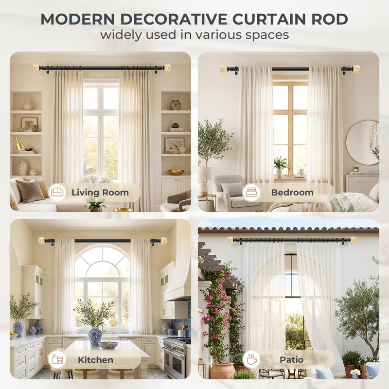 Black Decorative Crystal Curtain Rods,Heavy Duty Adjust 18-45",2 Pack