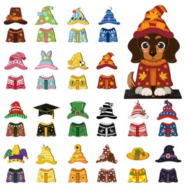DoubleFill 42 Pcs Interchangeable Wooden Dog Decoration - Seasonal Holiday Magnet Detachable Changeable Wood Dachshund Dog Welcome Sign for Home Spring, Summer, Fall & Winter DIY Decor