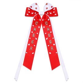 NLCAC Game Day Hair Bows for Women Beaded Football Hair Bow Clip Silky Satin Bow Hair Barrette Accessories(Red White Cheer)