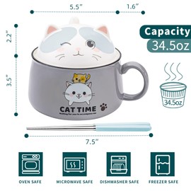 Tsreinh Ramen Bowl Set with Chopsticks, Cute Cat Instant Ramen Noodle Bowls with Lid, 34.5 OZ Extra Large Ceramic Soup Bowls with Handle, Japanese Ramen Cooker, Microwave safe (Gray)
