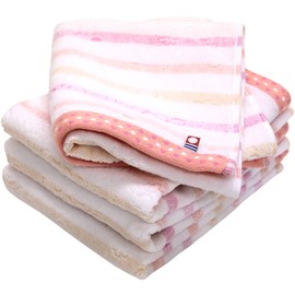 HIORIE Imabari Towel, 4 Piece Hand Towel Set, Japanese Towels, Jacquard Hand Towel, 100% Cotton, Quick-Drying, Lightweight, Striped Pattern with Floral Design, Size: 13.3x31.4 inches, Pink