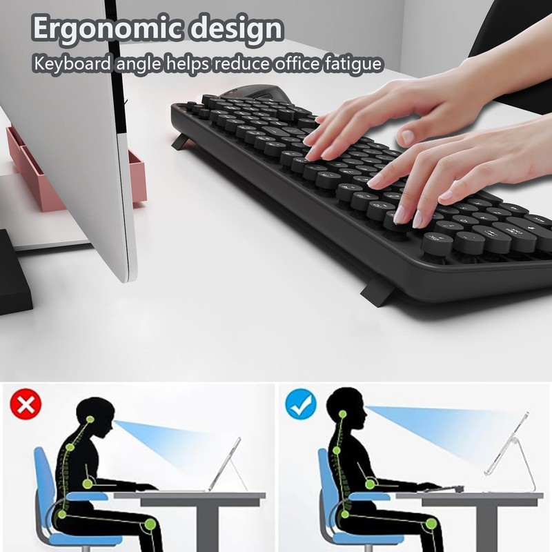 Wireless Keyboard and Mouse Combo, Retro Typewriter Style Keyboard with