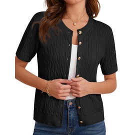 GRACE KARIN Women's Short Sleeve Cardigan Elegant Bolero Cardigan with Cable Knit Button Placket Summer Knitted Top, black