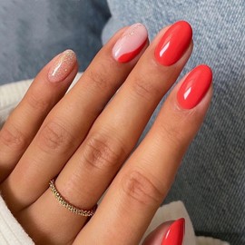 MISUD Press on Nails Short Oval Fake Nails Glossy Glue on Nails Red Acrylic Nails Round Artificial Nails Bling Glitter Stick on False Nails with Design 24 pcs