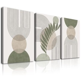 Sage Green Boho Wall Art Set of 3, Minimalist Framed Wall Art Geometric Line Leaf Sun Moon Beige Green Canvas Artwork Paintings, Abstract Botanical Boho Room Decor, Office, 12"x16"